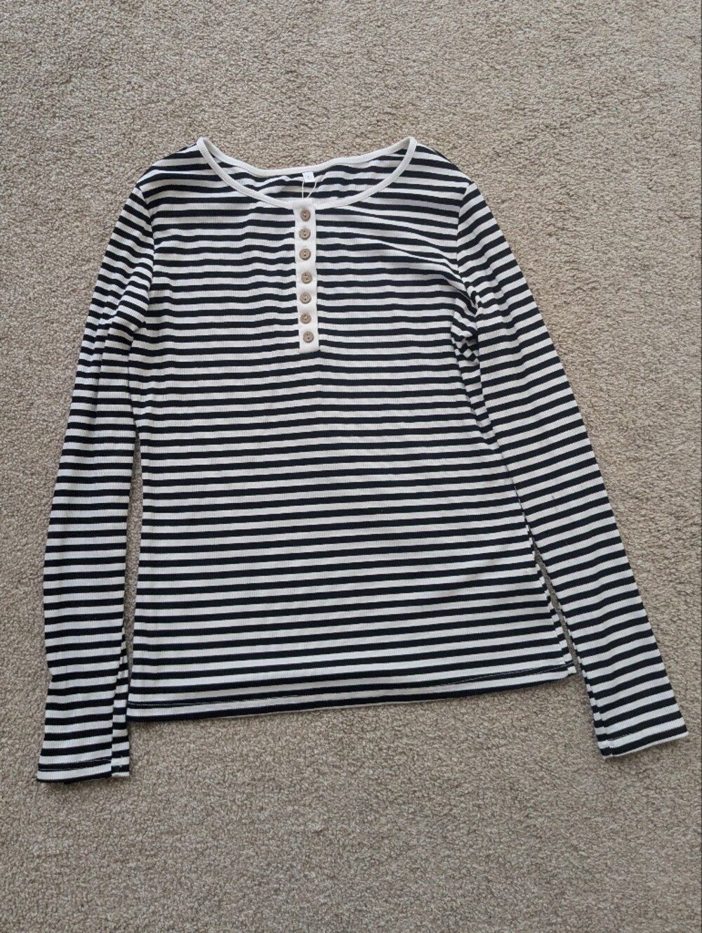 Women's Black and White Striped Long Sleeve Henley Top | Size L | NWOT